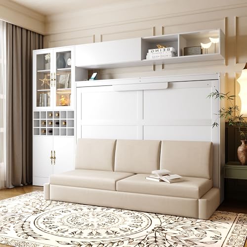 P PURLOVE Queen Murphy Bed with Sofa and Shelves, Wooden Wall Bed with USB and Light, No Box Spring Needed (White)
