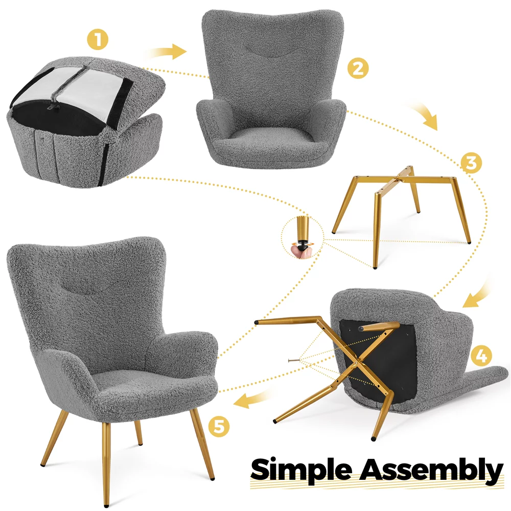 Topeakmart 2PCS Boucle Accent Chair and Ottoman Set with Golden Metal Legs for Living room, Gray