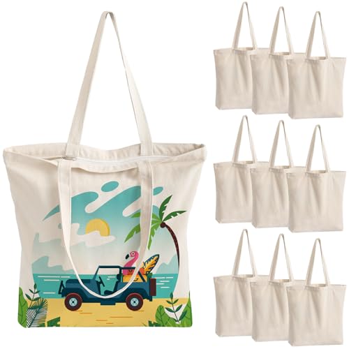 10 Pack Canvas Tote Bag with Zipper, Reusable Grocery Bags with Long Handle, DIY Heat Transfer Sublimation Blanks Shopping Bags for Advertising, Birthday, Halloween, Christmas Gift Bags