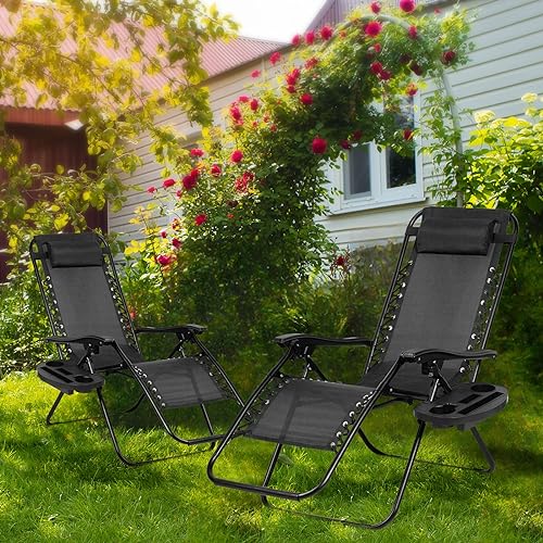 Nazhura Set of 2 Relaxing Recliners Patio Chairs Adjustable Steel Mesh Zero Gravity Lounge Chair Beach Chairs with Pillow and Cup Holder (Dark Green)