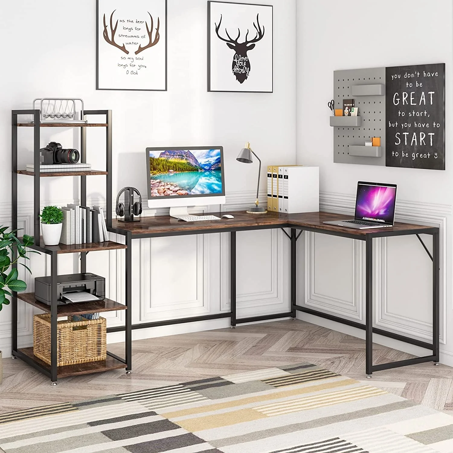 L-Shaped Computer Desk with 3 Tiers Bookshelves File Cabinet Drawer Light Brown Shelves Only