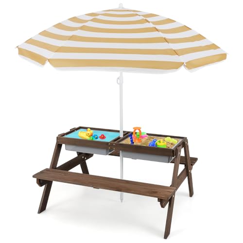 HONEY JOY Kids Picnic Table, 4 in 1 Cedar Wooden Sand & Water Table w/ 2 Removable Box & Umbrella, Kids Picnic Tables for Outdoors Backyard Garden, Toddler Patio Furniture Set for Boys Girls(Natural)