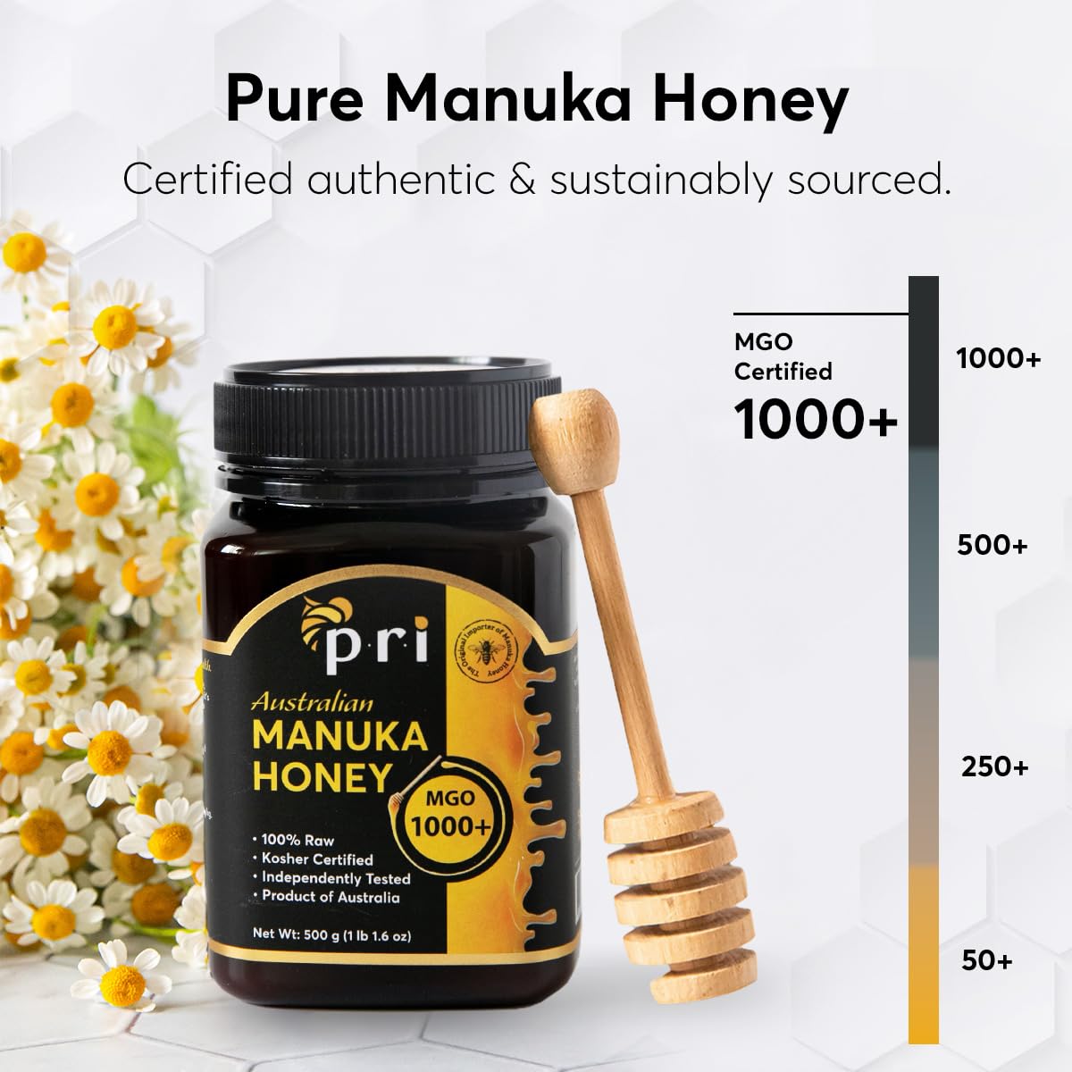 PRI Manuka Honey MGO 1000+, 1.1LB High Strength - Raw Manuka Honey (500g Jar)