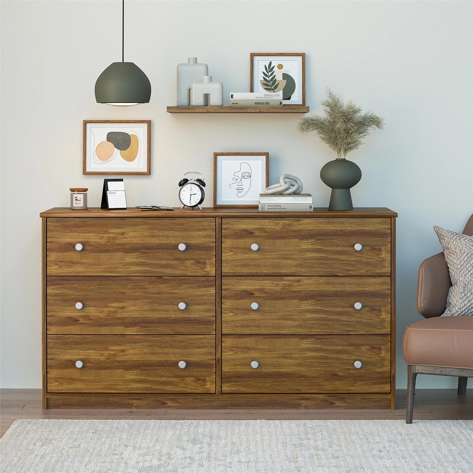 RealRooms Ellison 6 Drawer Wide Dresser, Brown Oak