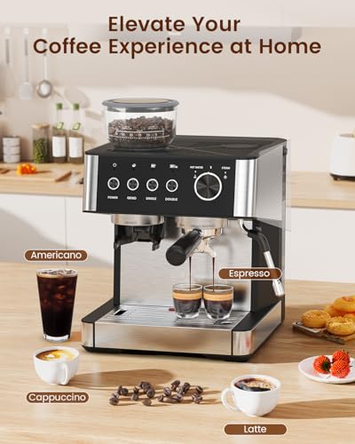 Espresso Machine with Grinder, 20 Bar Expresso Coffee Machines with Milk Frother Steam Wand, Professional Espresso Maker with Removable Water Tank, Cappuccino & Latte Machine for Home
