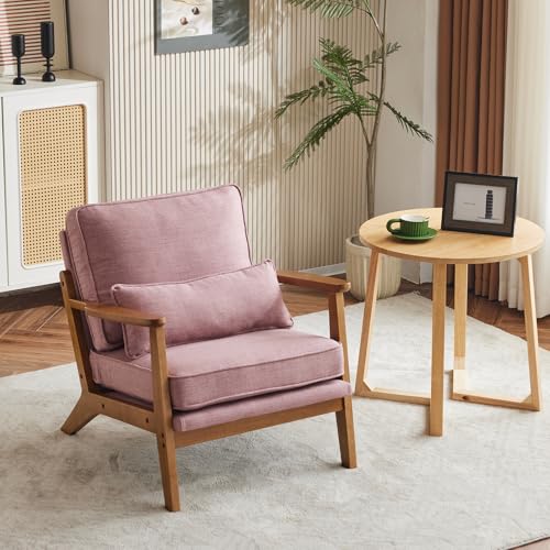 VINGLI Solid Wood Wide Armrests Accent Chair,Upholstered Mid Century Modern Chair with Pillow,Comfy Reading Chair Farmhouse Arm Chair,Chairs Living Room,Bedroom,Guest Room,Linen Fabric,Beige