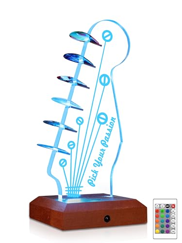 Light Up Guitar Pick Holder - Electric Guitar Headstock Shaped Acrylic & Wooden USB Powered Display Case - Guitar Accessories Gift for Players/Men (Picks Storage Organizer)
