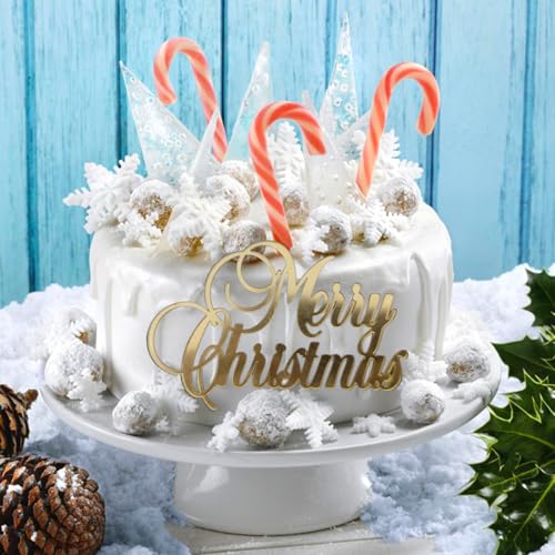 12 Pcs Christmas Cake Toppers - Merry Christmas & New Year Party Cake Decorations - Gold