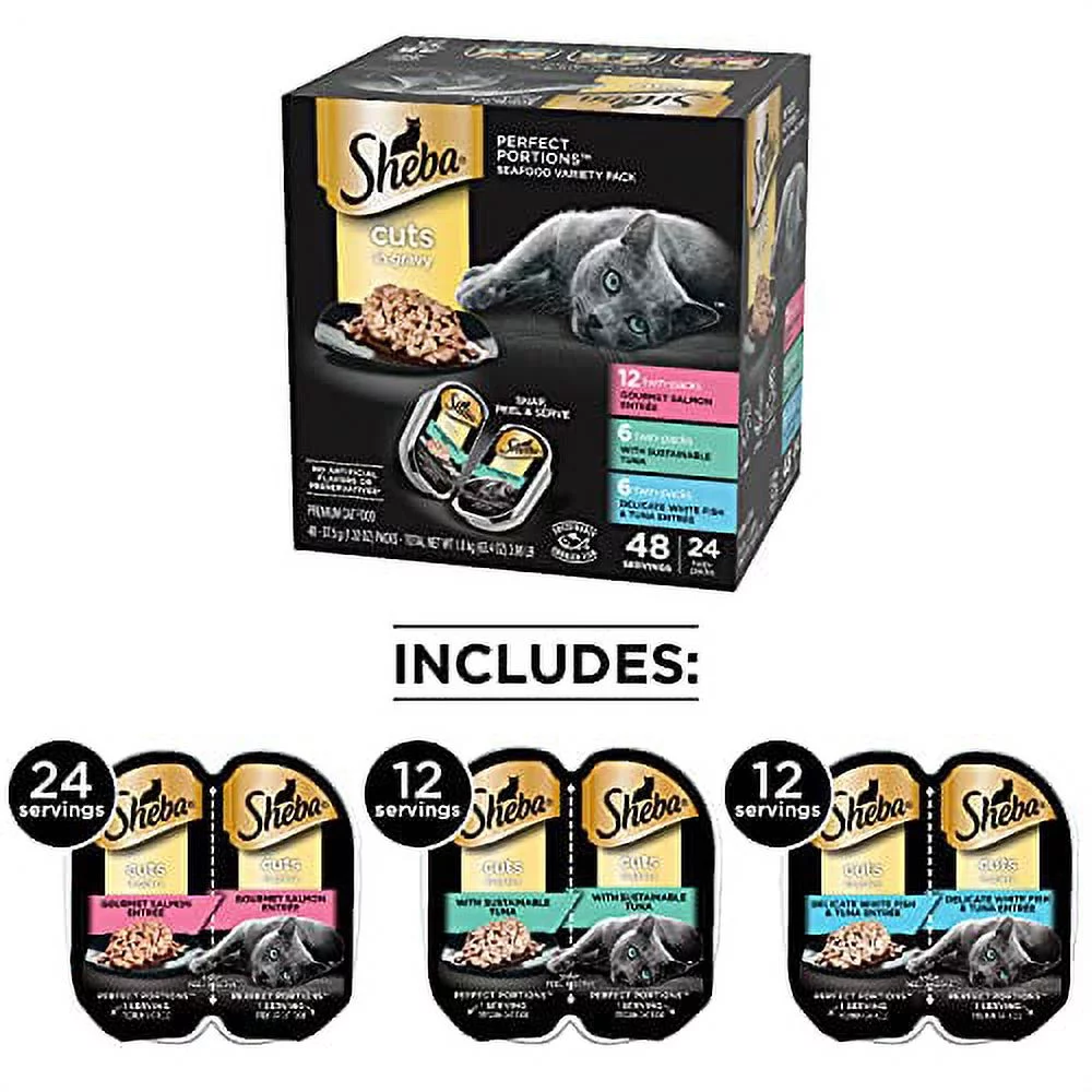 SHEBA Perfect Portions Soft Wet Cat Food Cuts in Gravy Gourmet Salmon, Signature Tuna, Delicate Whitefish & Tuna Entres Variety Pack 2.6 Oz. (24 Twin Packs)