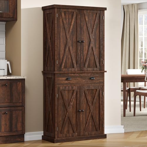 YITAHOME 72'' Tall Kitchen Pantry Cabinets, Farmhouse Storage Cabinets with Barn Doors, Drawer ＆ Adjustable Shelves, Rustic Wood Cupboard for Dining Room, Living Room, Dark Rustic