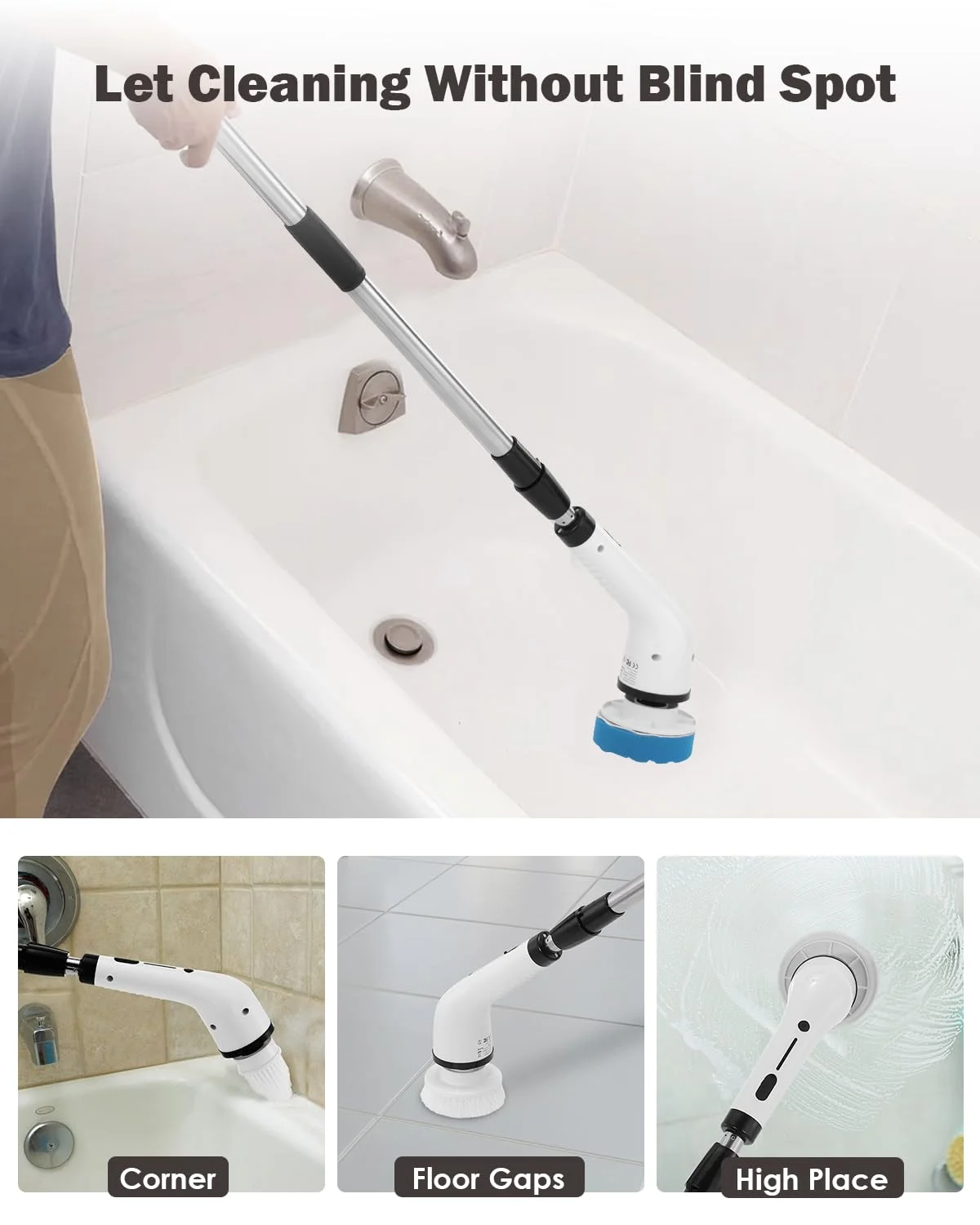 Aoresac Electric Spin Scrubber, Cordless Bath Tub Power Scrubber with Long Handle 8 Replaceable Heads, Detachable as Short Handle, Shower Cleaning Brush for Bathroom Tile Floor