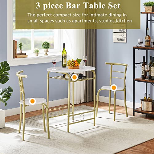 VECELO 3-Piece Dining Table Set for Kitchen Breakfast Nook, Wood Grain Oval Tabletop and Metal Frame with Built-in Wine Rack, for Small Spaces, 31.5