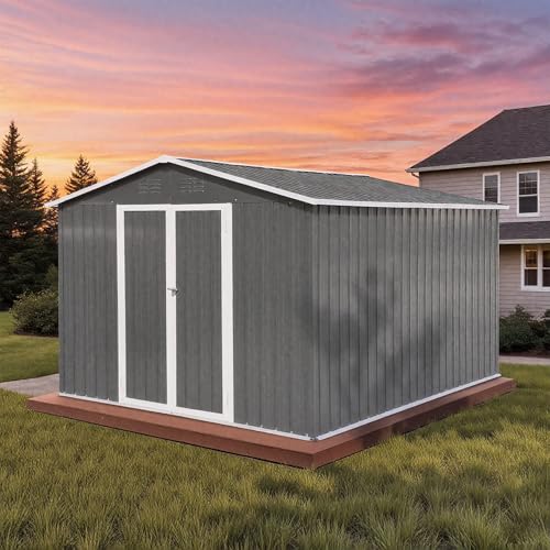 10 x 8 FT Outdoor Storage Shed, Metal Garden Tool Shed with Air Vents & Lockable Doors, Heavy-Duty Waterproof Small Bike shed Easy to Assemble for Garden, Lawn, Patio, Backyard, Grey