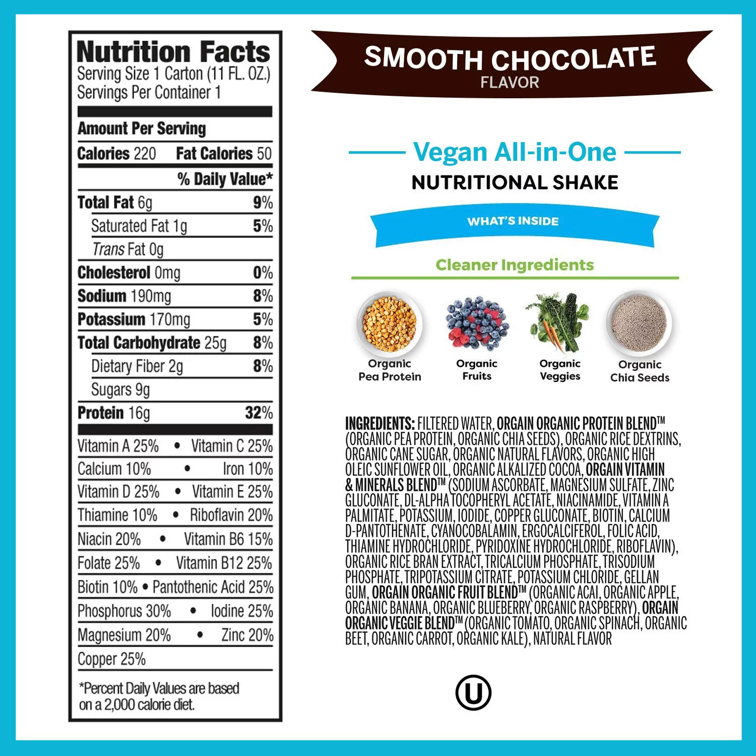 Orgain Organic Vegan Plant Based Nutritional Shake, Smooth Chocolate - Meal Replacement, 16g Protein, 21 Vitamins & Minerals, Dairy Free, Gluten Free, 11 Ounce, 12 Count (Packaging May Vary)