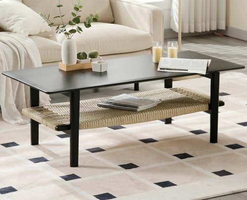 chairus Farmhouse Coffee Table Rectangular Living Room Table with Rattan Storage Solid Wood Center Table for Apartment, Home, Office, Natural