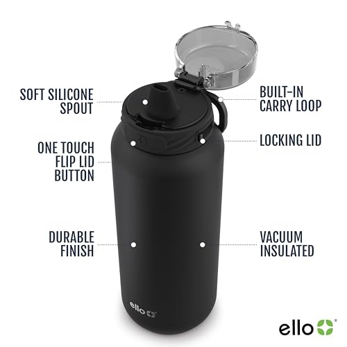 Ello Cooper 32oz Stainless Steel Water Bottle with Straw and Carry Handle, Double Walled and Vacuum Insulated Metal, Leak Proof Locking Lid with Soft Silicone Spout, Reusable, BPA Free, Yucca