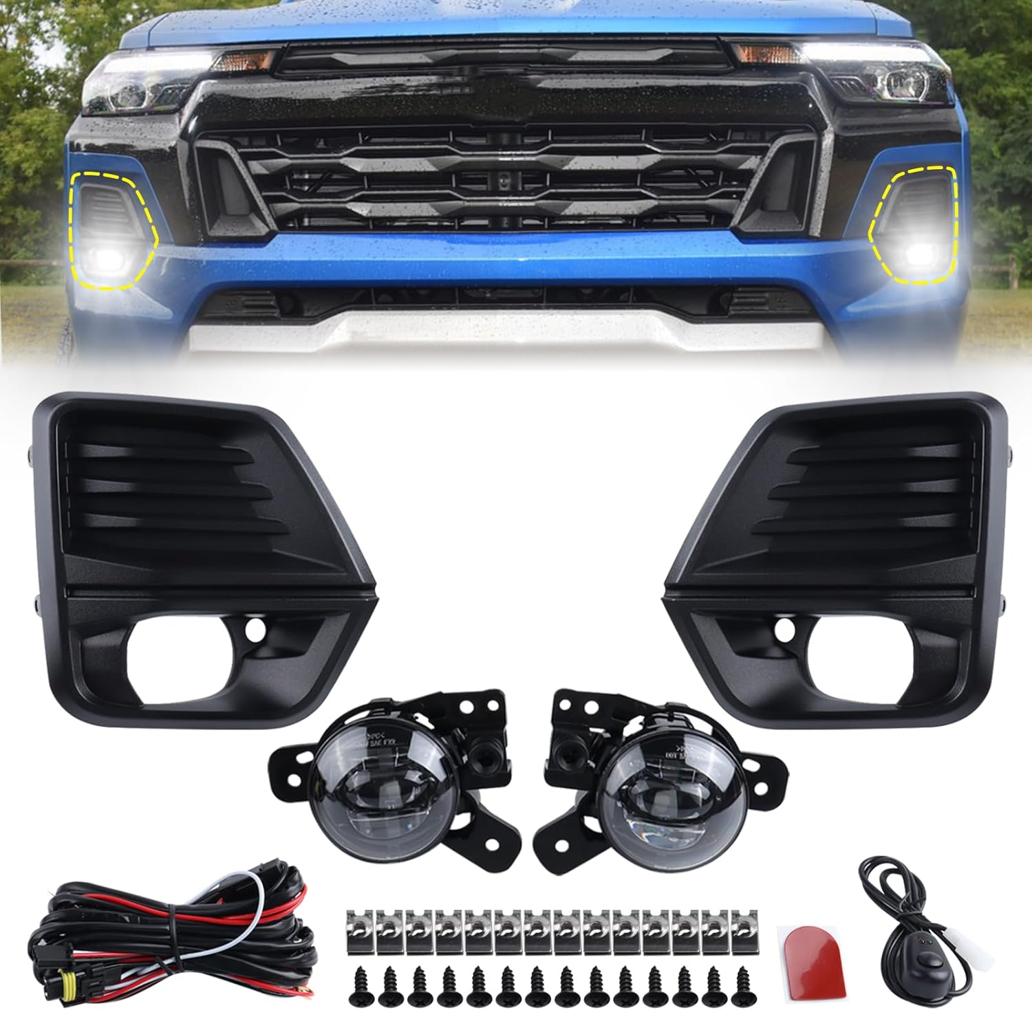 LED Fog Light Set 5pcs Compatible for 2023 2024 Chevrolet Colorado Front Bumper Lamp Assembly With Wire Harness Bulbs Cover Bezels 42737706 42737708 GM2592334 GM2593334