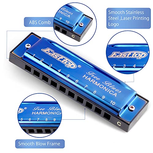 East top Harmonica, Diatonic Blues Deluxe Harmonica Key of C, 10 Holes 20 Tones Blues Harp Mouth Organ Harmonica For Adults, Beginners, Professionals and Students, as a Gift（Silver grey）