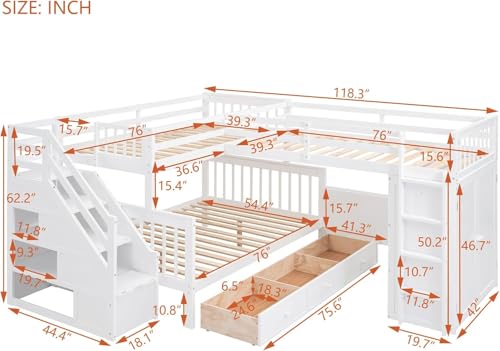 MERITLINE Twin-Twin Over Full Triple Bunk Bed with Storage Stairs,Wardrobe and Desk,Solid Wood L-Shaped 3 Bunk Bed with Ladder,Shelves,Headboard,Guardrail,No Box Spring Needed (Grey)