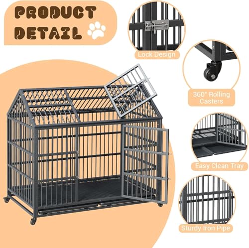 Heavy Duty Dog Crate for Large Medium Small Dogs, Indestructible Escape-Proof Dog Cage with Lockable Wheels and Removable Tray Slide-Out Tray Sturdy Metal Dog Kennel