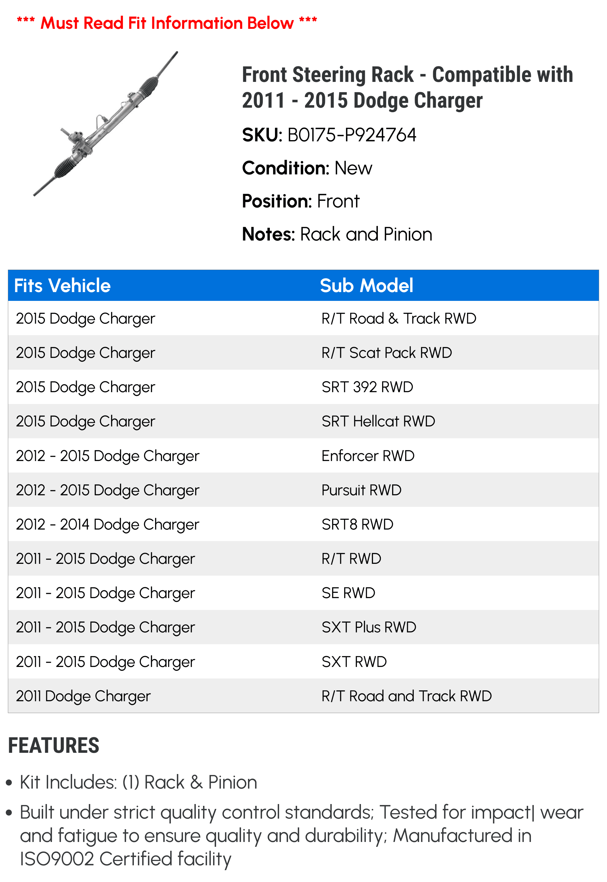 Front Steering Rack - Compatible with 2011 - 2015 Dodge Charger 2012 2013 2014