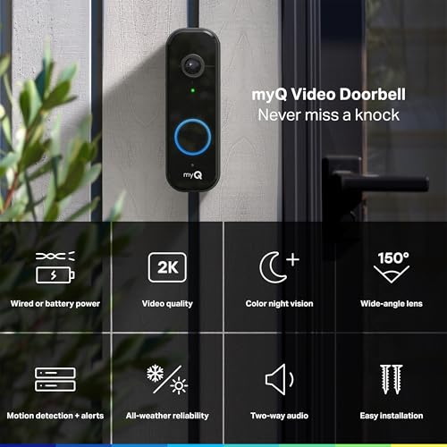 CHAMBERLAIN myQ Video Doorbell | 2K Camera, Battery/Wired, Color Night Vision, Live View with 2-Way Talk, Motion Detection & Real-Time Alerts, 150 Deg Wide View, Black