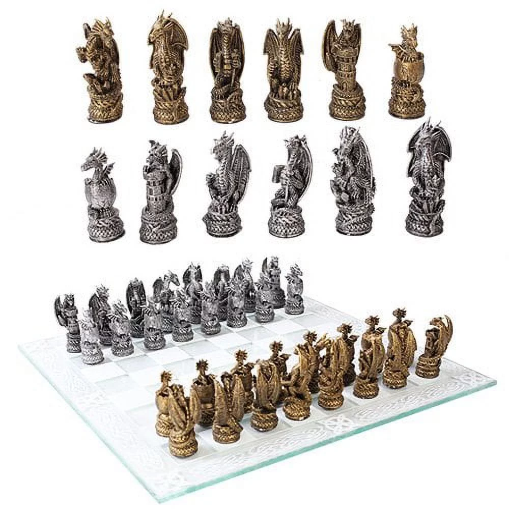 Ebros Fantasy Dragon Dungeon Kingdoms Resin Chess Pieces with Glass Board Set