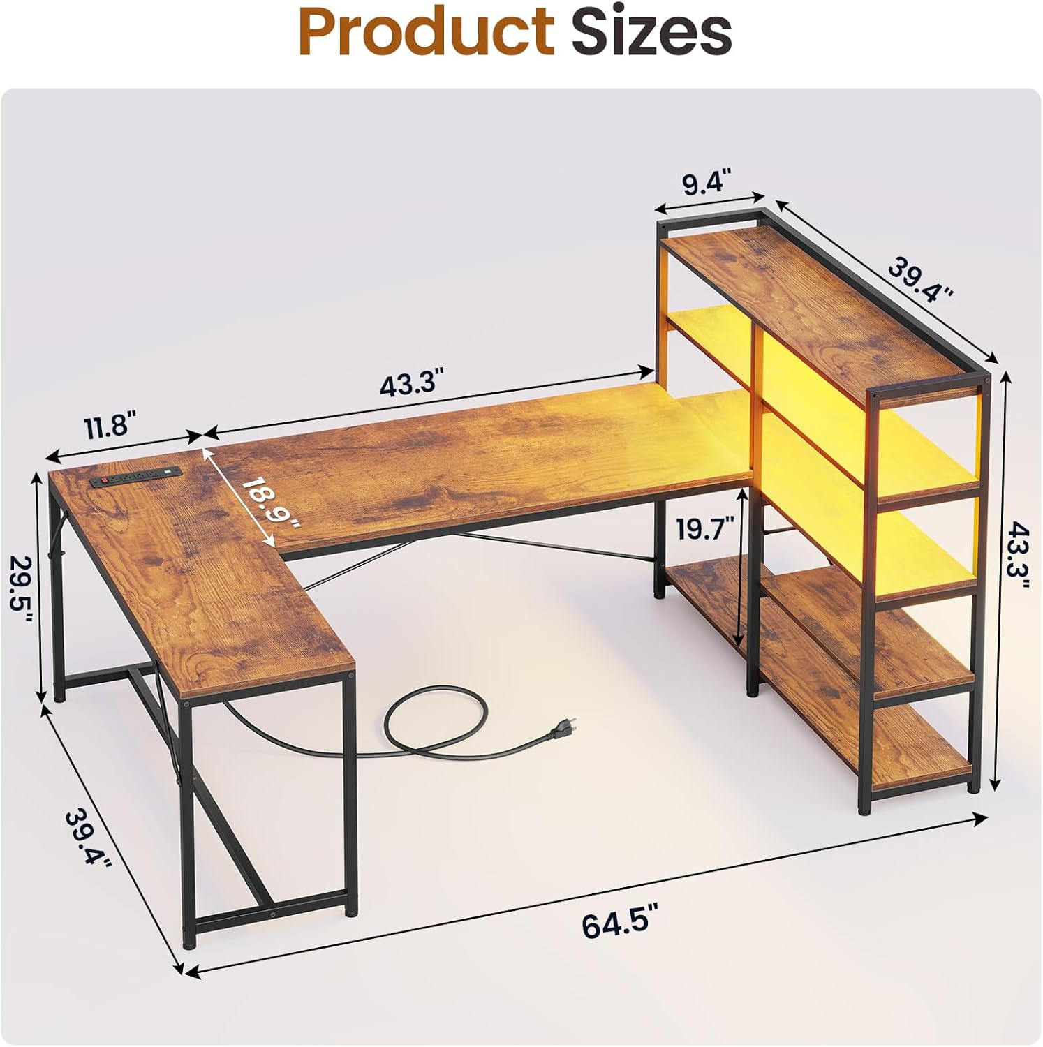 SEDETA L Shaped Computer Desk, 64.5'' Reversible U Shaped Office Desk with Storage Shelves & Power Outlet, L Shaped Gaming Desk with LED Light, Bookshelf for Home Office, Rustic Brown