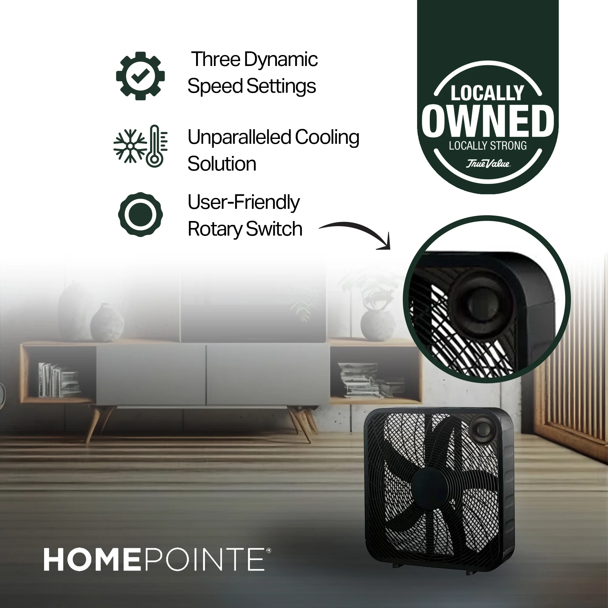 Midea International Efficient Compact Lightweight 3 Speed 20 Inch Box Fan, Black