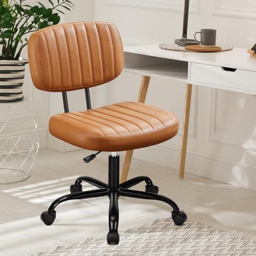 DUMOS Armless Small Home Office Desk Chair - Vanity Task Chair with Low Back, Height Adjustable PU Leather Swivel Computer Chair with 360° Rolling Wheels, Deep Brown