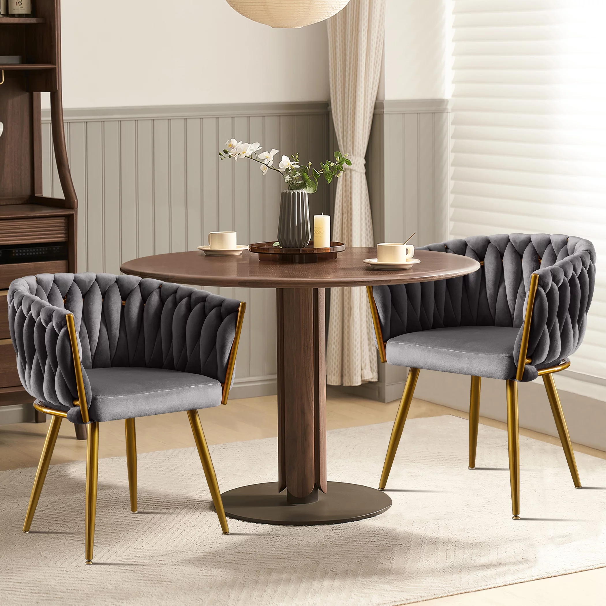 JONPONY Velvet Dining Chairs Set of 2, Modern Woven Upholstered Dining Chairs with Gold Metal Legs,Luxury Tufted Dining Chairs for Living Room, Bedroom, Kitchen,Dark Grey