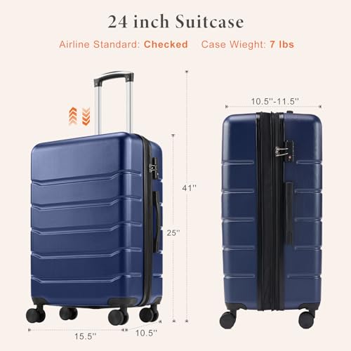 Sweetcrispy Carry on Luggage, Hard Shell ABS, Double Spinner Wheels Lightweight Suitcase TSA Lock, Navy Blue, 24 Inch