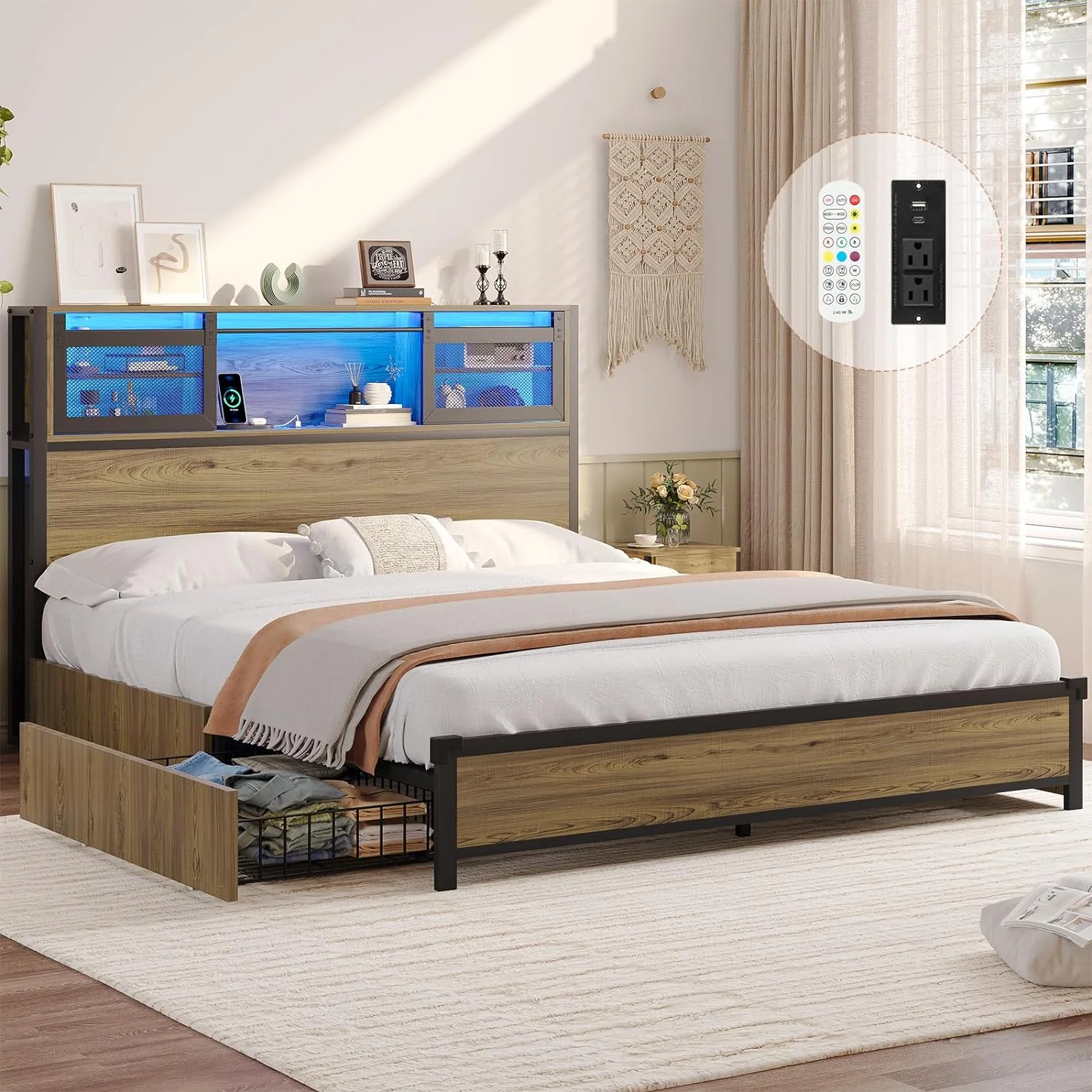 Full Size Metal Platform Bed Frame with 4 Storage Drawers and Charging Station, LED Bed Frame with Storage Headboard, Oak Grey