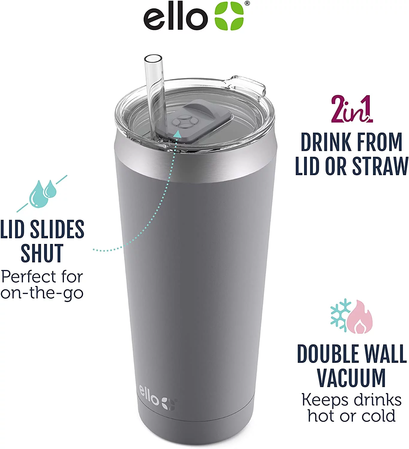Ello Beacon Vacuum Insulated Stainless Steel Tumbler with Slider Lid and Optional Straw