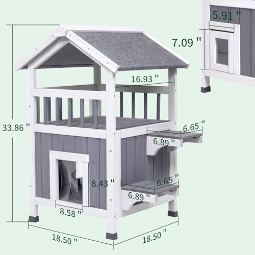 GEGURI Outdoor Cat House Weatherproof, Wooden Two-Story Feral Cat Shelter with Openable Roof, Escape Door, Balcony