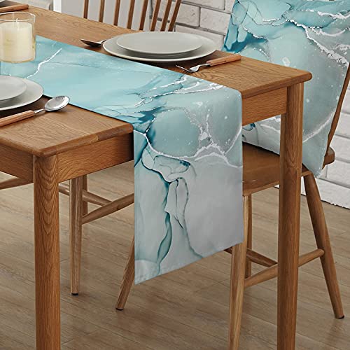 Marble Turquoise Teal Aqua Table Runner 90 Inches Long,Cotton Linen Modern Kitchen Dinner Dining Table Runners Decor Long Dresser Scarf,Burlap Tablerunner for Coffee/Dining/Party/Wedding Table