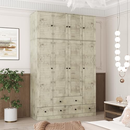 ECACAD Extra Tall Wardrobe Armoire with Top Cabinet, 10 Shelves, 4 Drawers, Hanging Rod & 8 Louver Doors, Wooden Closet Storage Cabinet for Bedroom, Light Brown (59”W x 19”D x 94.5”H)