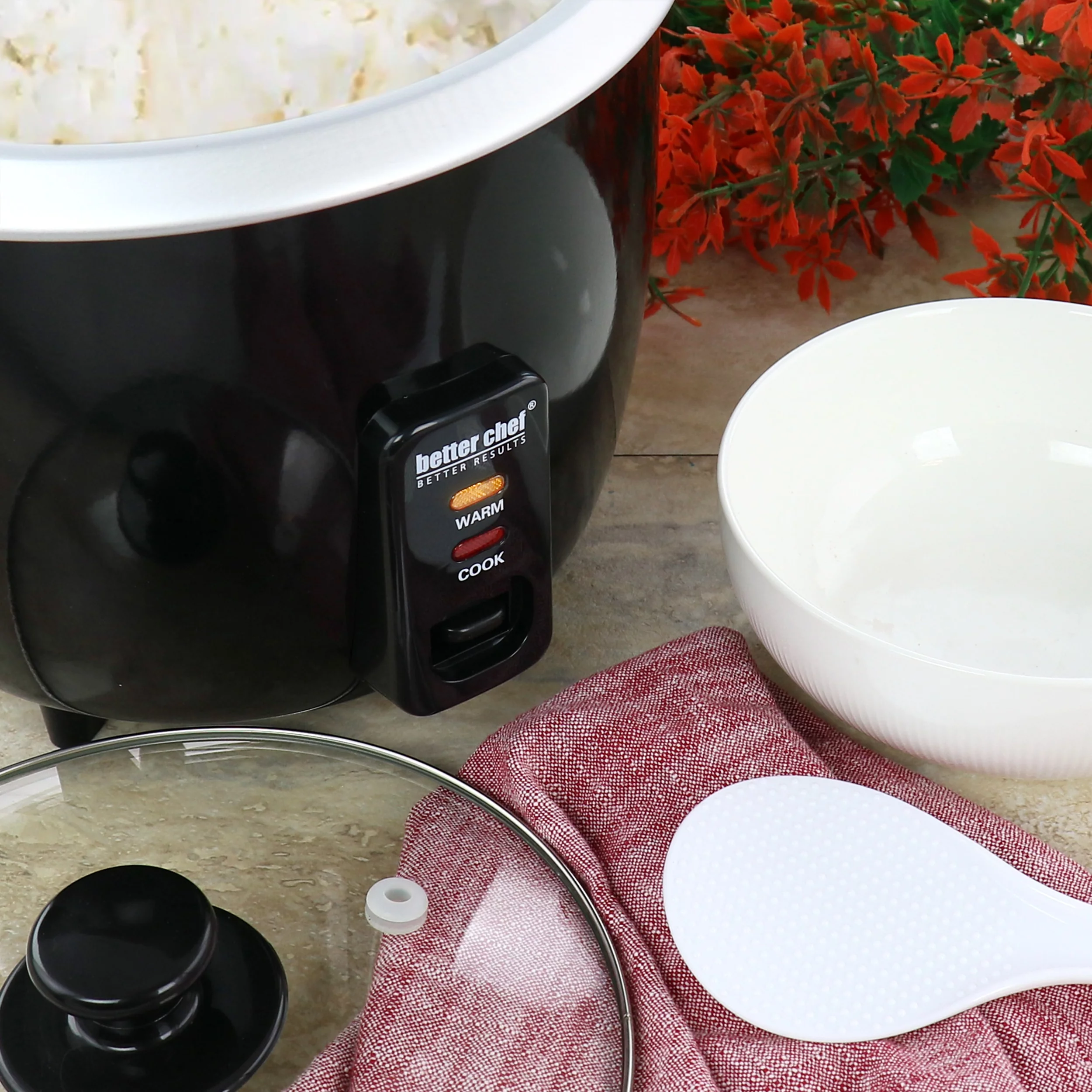 Better Chef 8 Cup Automatic Rice Cooker in Black With Rice Paddle and Measuring Cup
