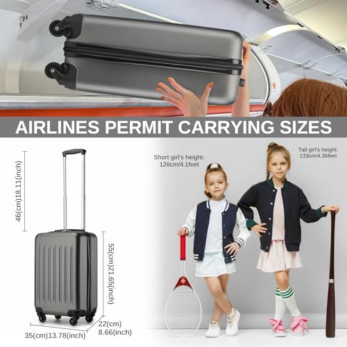 Kono 20-Inch Small Hardside Carry-on Suitcase with Spinner Wheels, Lightweight Rolling Cabin Suitcase for Airplane Travel (Black, for 1-3 Days of Travel)