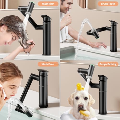 SINGSUO 1080°Rotatable Bathroom Vanity Faucet 1 Hole, Height Adjustable Single Handle Sink Faucet Bathroom with 2 Water Outlet Modes, Bar Sink Tap Single Hole with Temperature Display (Black)