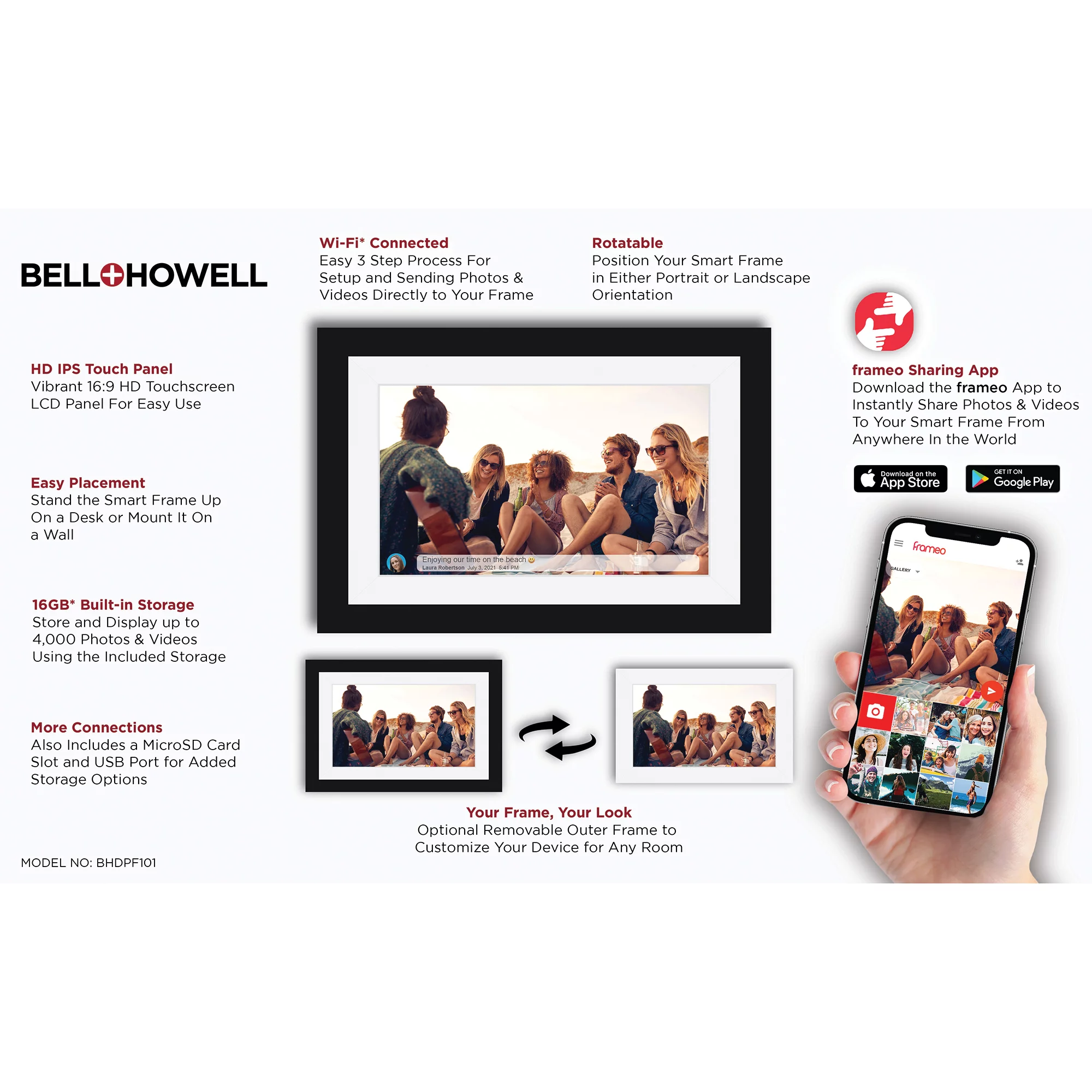 Bell+Howell BHDPF101-W 10.1-Inch Smart Photo Frame with Frameo App (White)