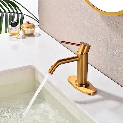 Brushed Gold Vessel Sink Faucet with Pop Up Drain and Supply Lines, Stainless Steel Gold Vanity Faucet Single Hole, JXMMP Single Handle Bathroom Faucet Gold, JXM1001BG
