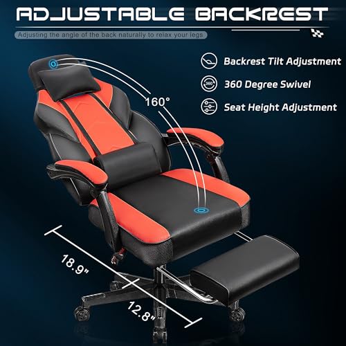 Gaming Chair with Footrest, Video Game Chair for Adults, Big and Tall Computer Chair with Massage Lumbar Support 330lb Weight Capacity, Ergonomic Adjustable Height and 360° Swivel Seat (Red)