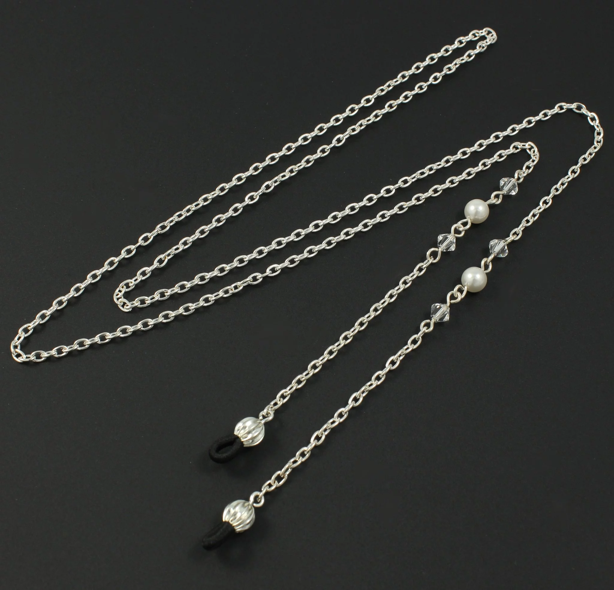 Womens Eye Glasses Chain with White Pearls and Swarovski Crystals on Silver Plated Chain Fits Most Glasses