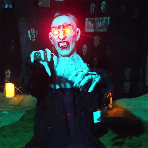 Halloween Vampire Groundbreaker Decoration,Scary Animatronics Vampire with Glowing Eyes and Sounds for Outdoor Graveyard Haunted House,Sounds Activated Animated Zombie Shaking Hands and Head