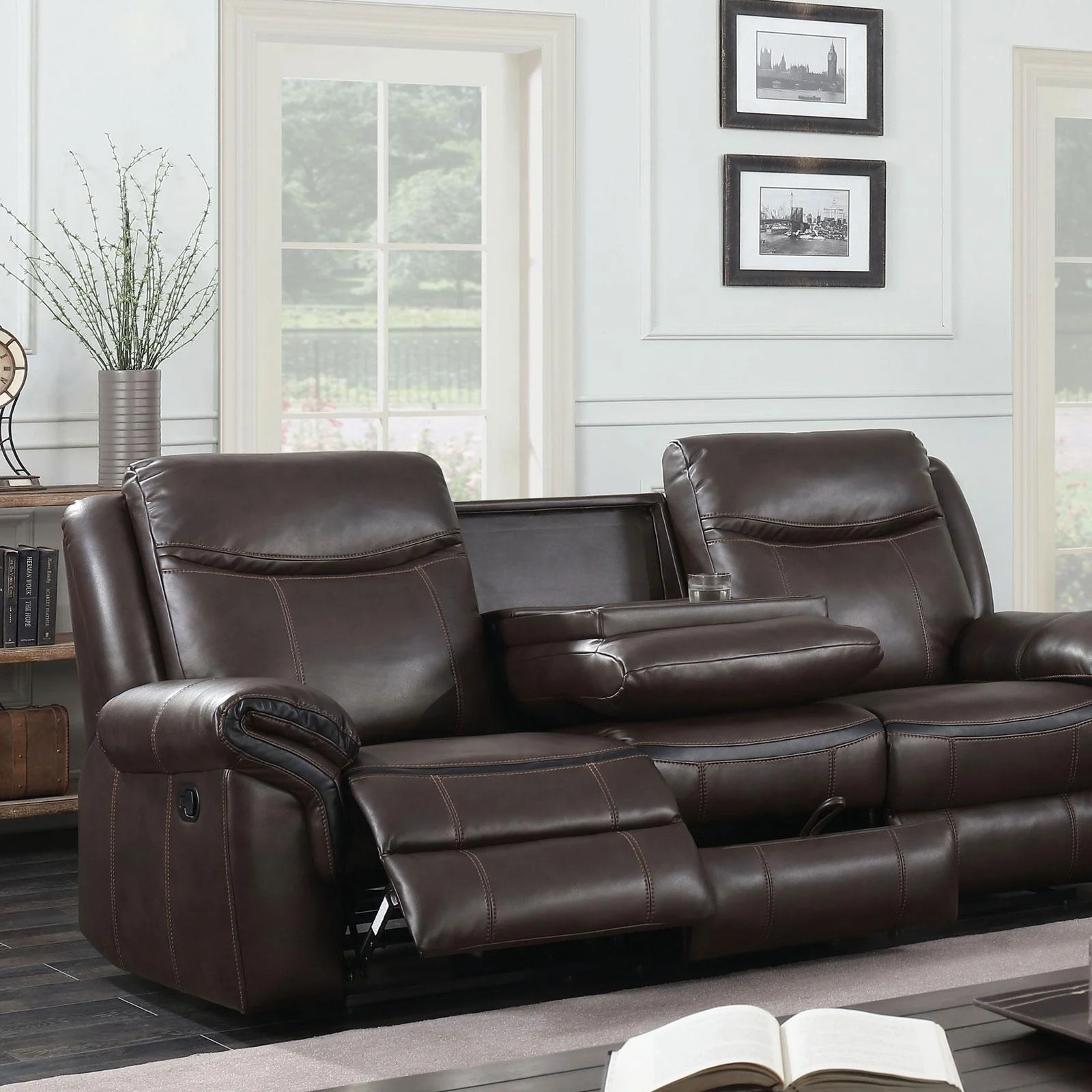Transitional Faux Leather Upholstery Sofa in Brown Chenai Furniture of America