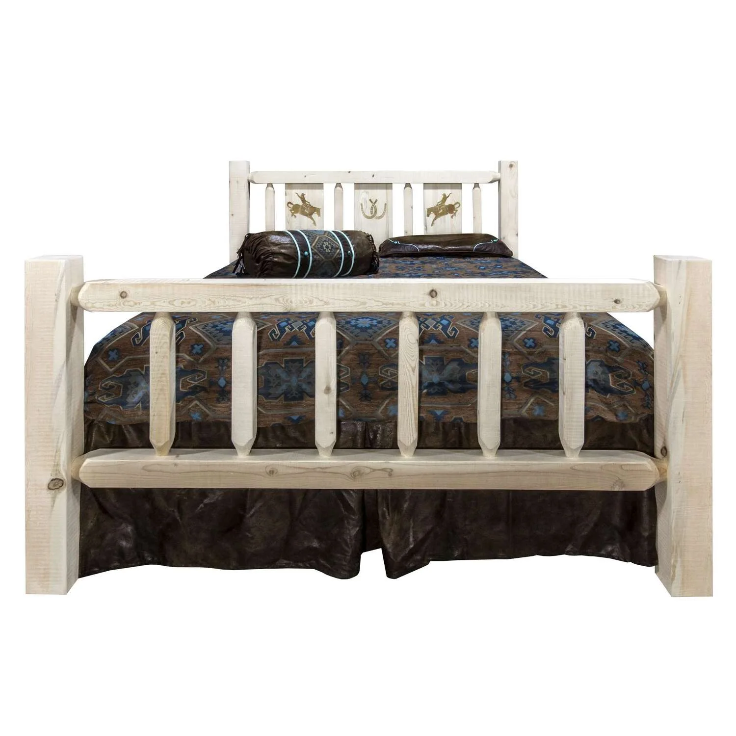 Homestead Collection Queen Bed w/ Laser Engraved Bronc Design, Clear Lacquer Finish