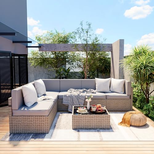 Pamapic 7-Piece Outdoor Sectional Furniture Set, All-Weather Wicker Patio Sofa with Washable Cushions, Gray Waterproof Rattan Conversation Set for Backyard, Poolside, Garden (Gray Cushions)