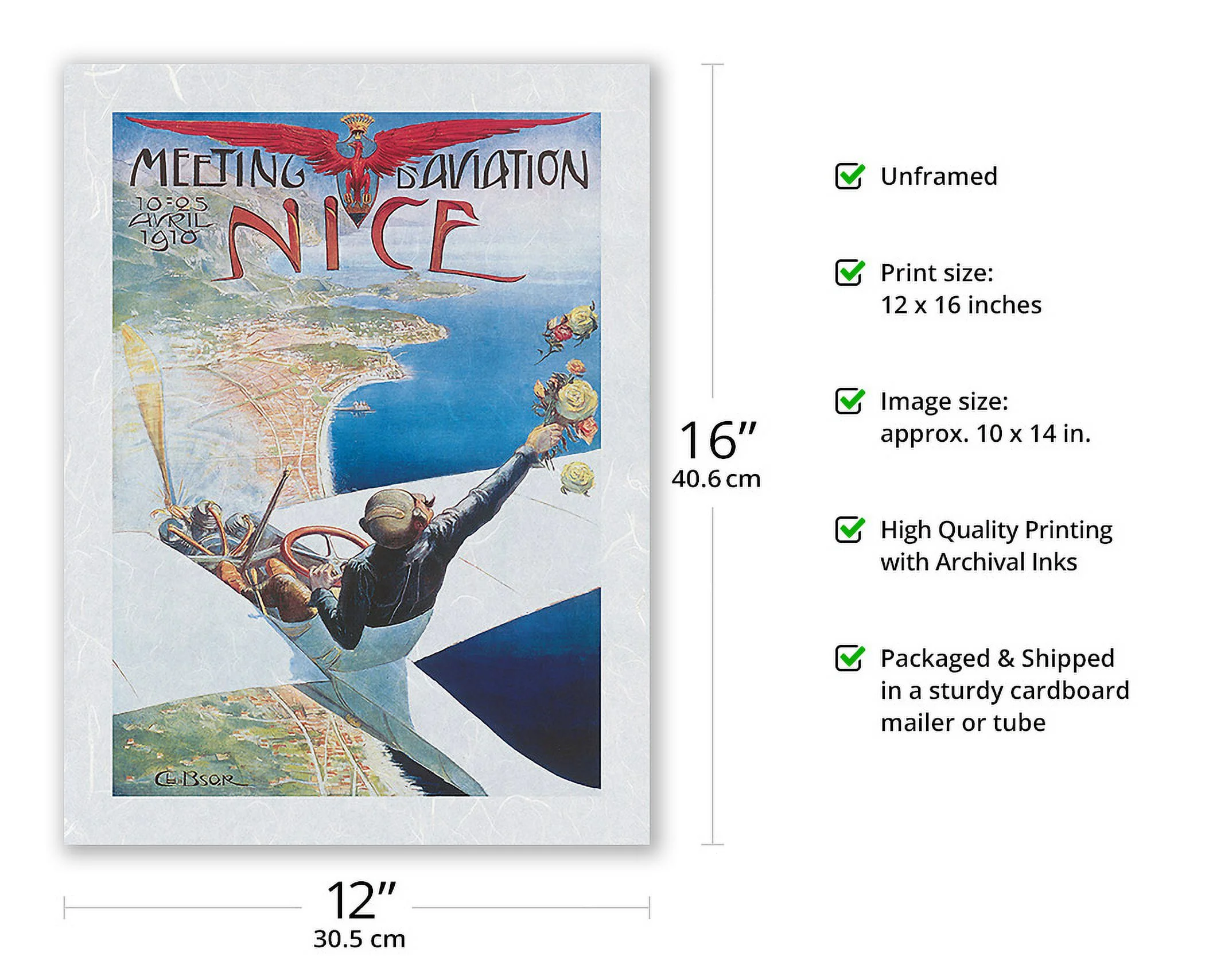 1910 Aviation Meeting (Meeting d’Aviation) - Nice France - Vintage Aviation Poster by Charles-Léonce Brossé - Japanese Unryu Rice Paper Art Print (Unframed) 12 x 16 in