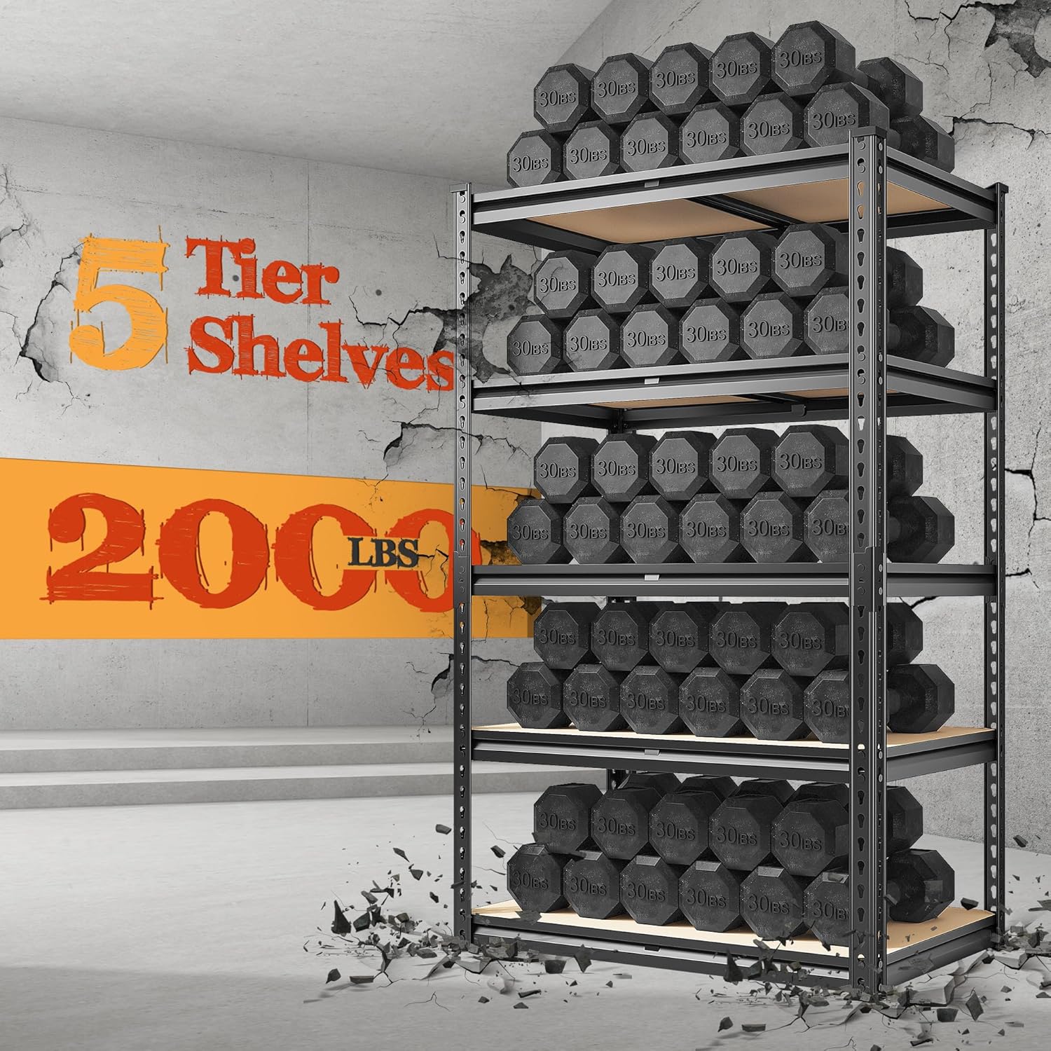 REIBII Garage Shelving 2000LBS Storage Shelves Heavy Duty Shelving 5 Tier Adjustable Metal Shelves for Garage Shelves Sturdy Shelving Unit Storage Rack for Kitchen Pantry Basement, 60